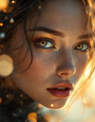 The primary subject of the image is a woman with long hair and a beautiful smile. She is wearing a gold eye shadow and lipstick, which adds to her allure. The setting is a sunny day, and the visual style is a close-up portrait. The colors and mood of the image are warm and inviting, with the woman's eyes being the focal point of the scene.